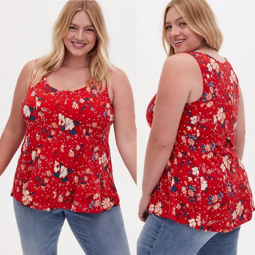 TORRID • Red Floral Challis Button Front Fit and Flare Tank Top